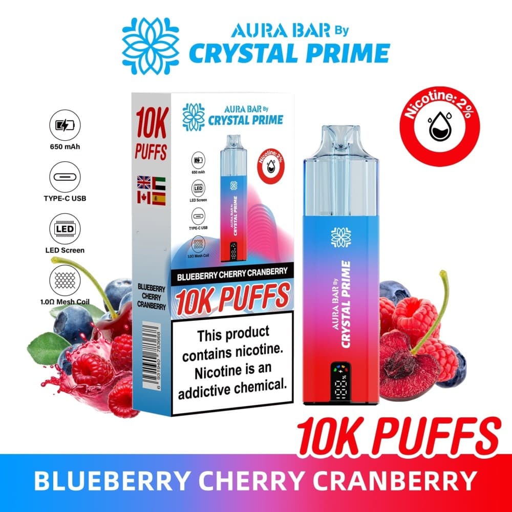 Blueberry Cherry Cranberry Aura Bar 10000 Prefilled Pod Vape By Crystal Prime - Pack of 5