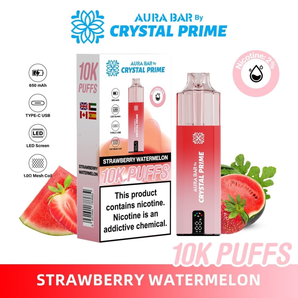 Strawberry Watermelon Aura Bar 10000 Prefilled Pod Vape By Crystal Prime - Pack of 5