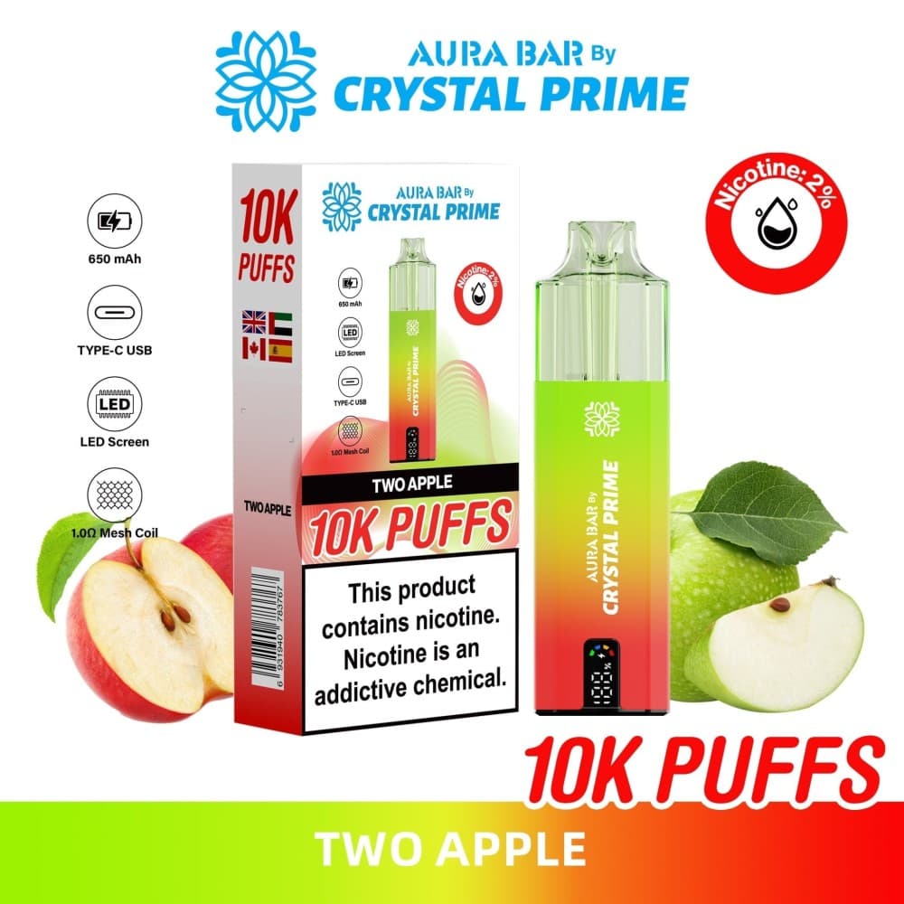 Two Apple Aura Bar 10000 Prefilled Pod Vape By Crystal Prime - Pack of 5