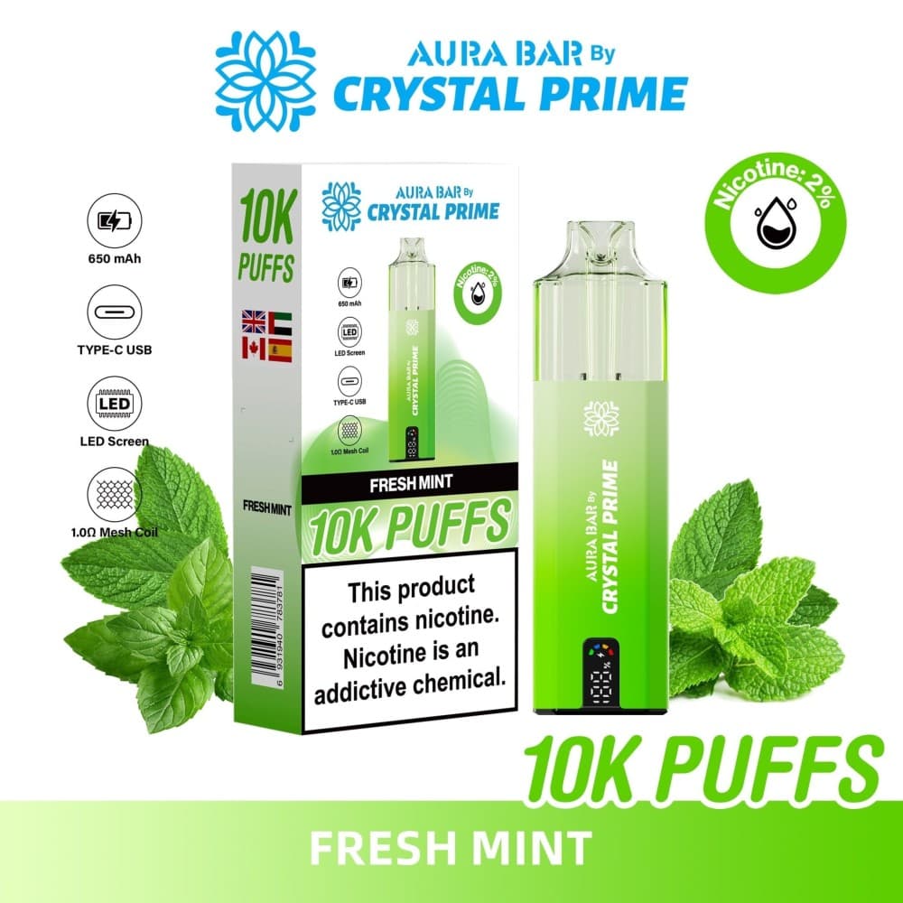 Fresh Mint Aura Bar 10000 Prefilled Pod Vape By Crystal Prime - Pack of 5