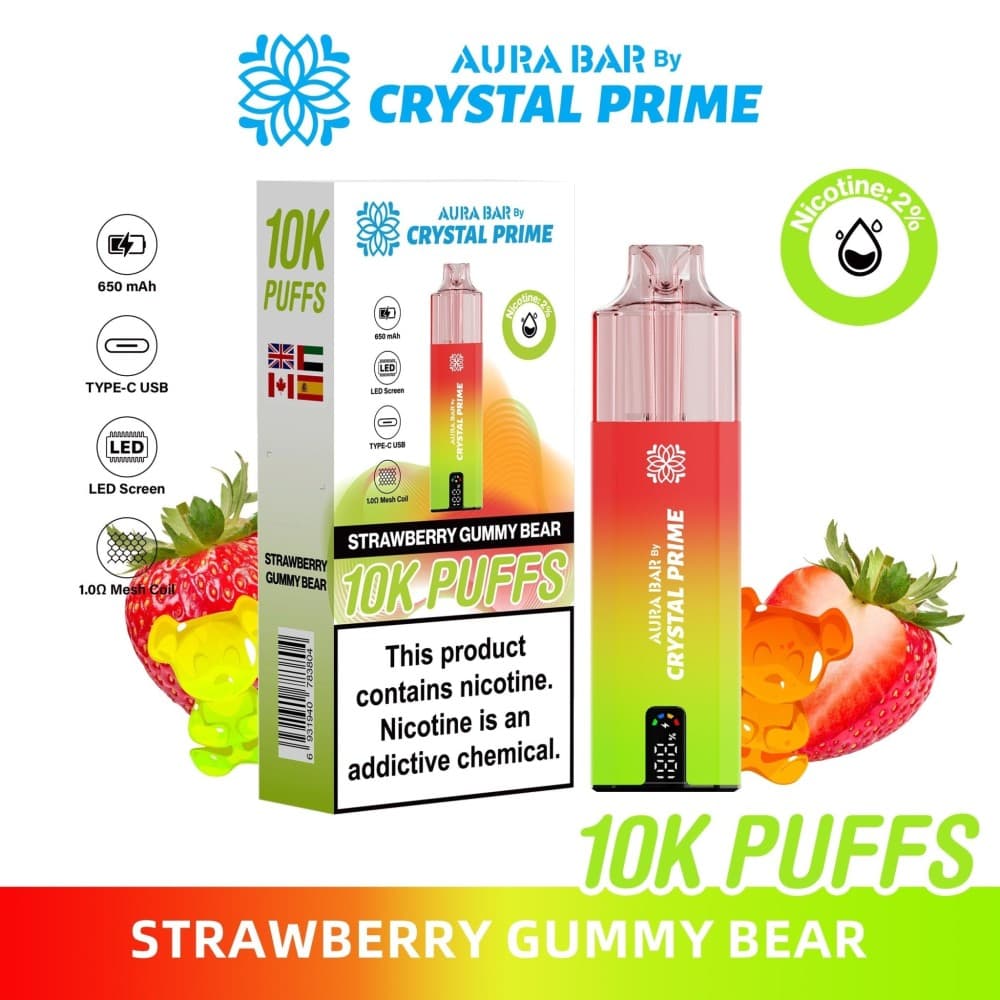 Strawberry Gummy Bear Aura Bar 10000 Prefilled Pod Vape By Crystal Prime - Pack of 5