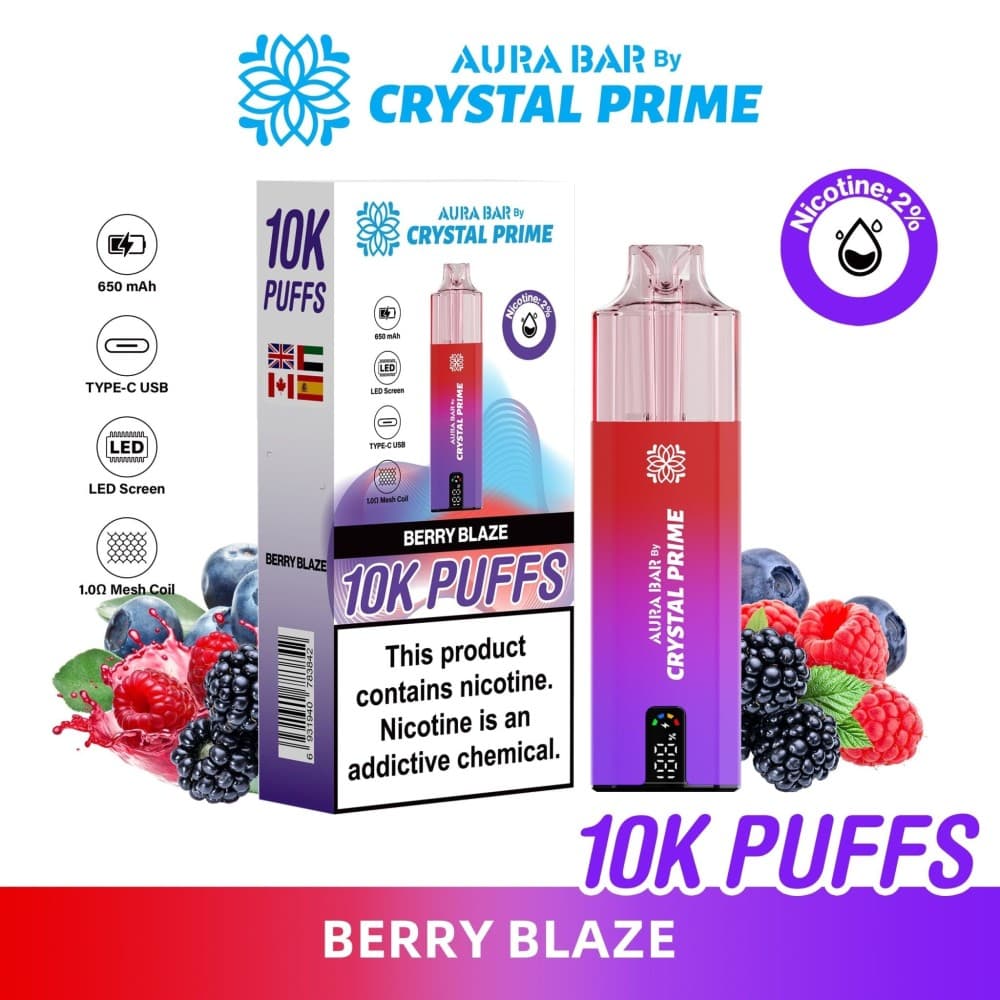 Berry Blaze Aura Bar 10000 Prefilled Pod Vape By Crystal Prime - Pack of 5