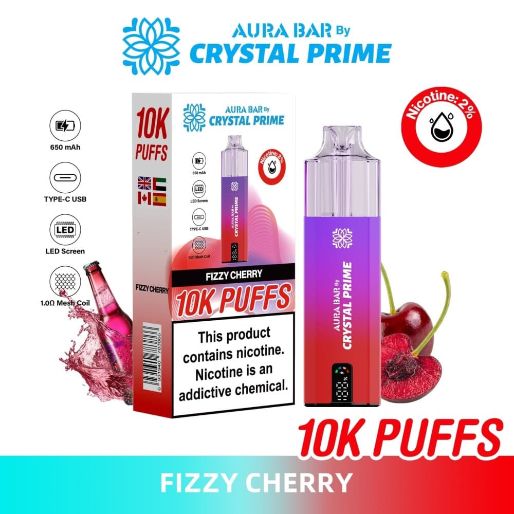 Fizzy Cherry Aura Bar 10000 Prefilled Pod Vape By Crystal Prime - Pack of 5