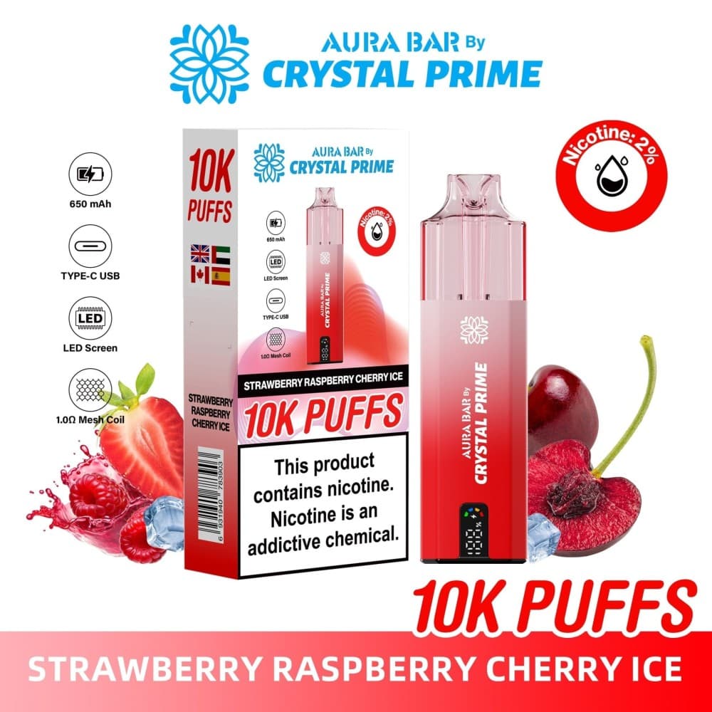 Strawberry Raspberry Cherry Ice Aura Bar 10000 Prefilled Pod Vape By Crystal Prime - Pack of 5
