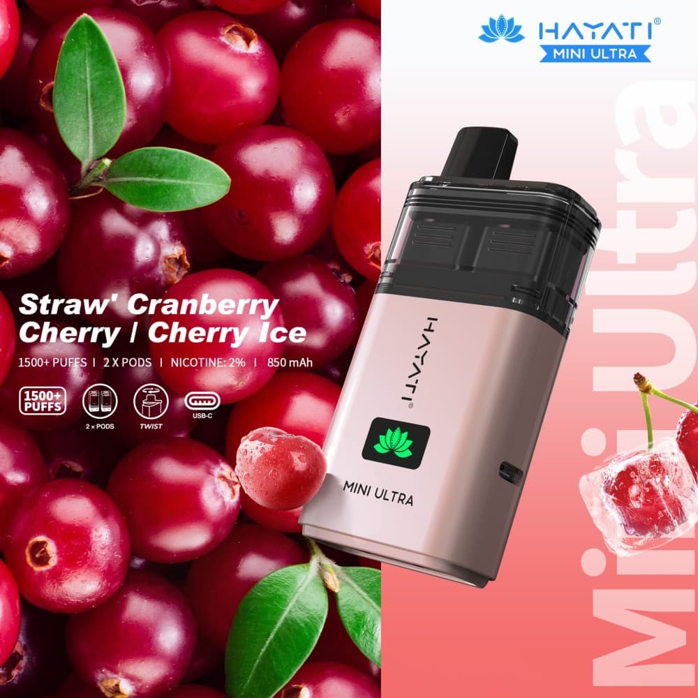 Straw' Cranberry Cherry / Cherry Ice Hayati Mini Ultra 1500 Disposable Vape - Box of 5