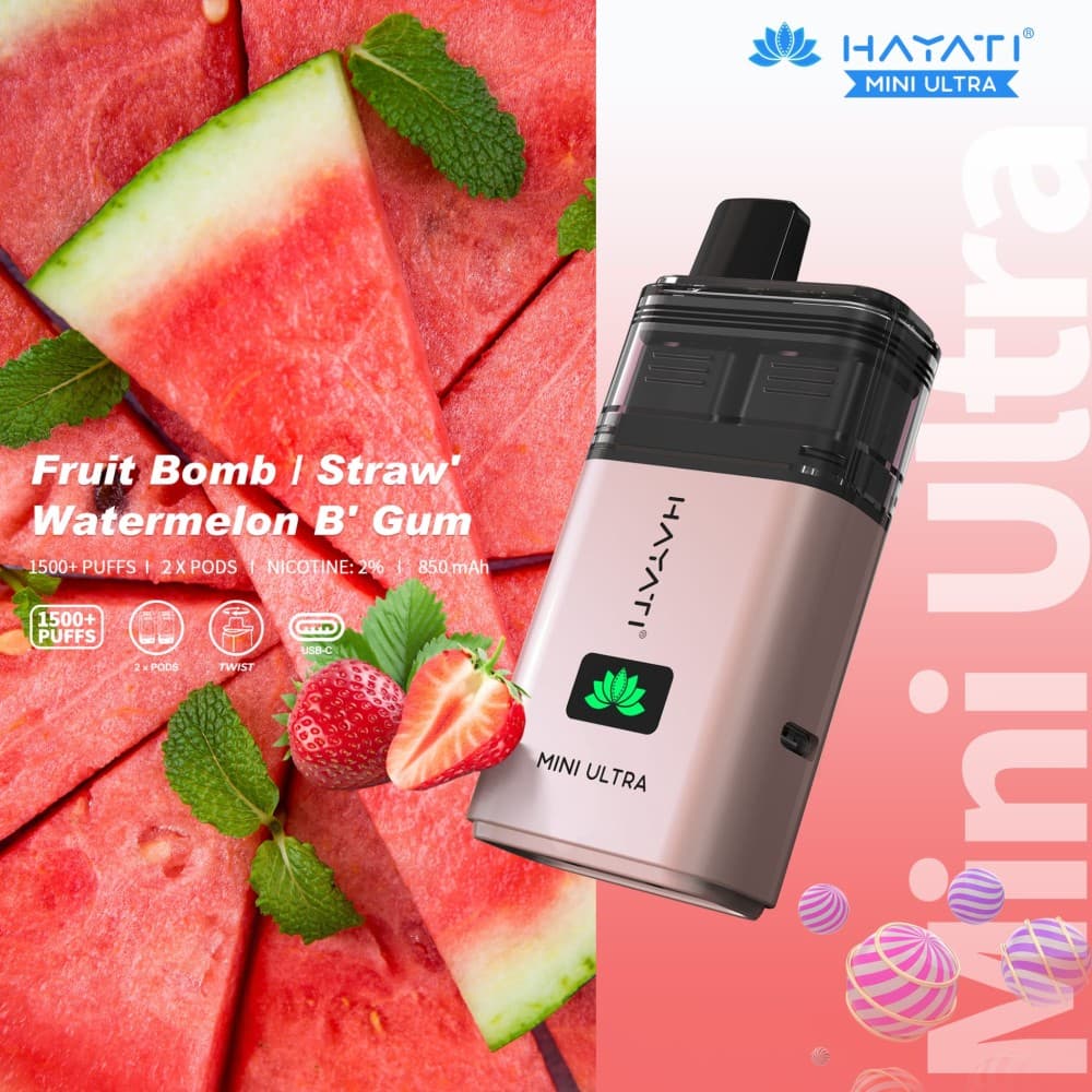 Fruit Bomb / Straw' Watermelon B' Gum Hayati Mini Ultra 1500 Disposable Vape - Box of 5