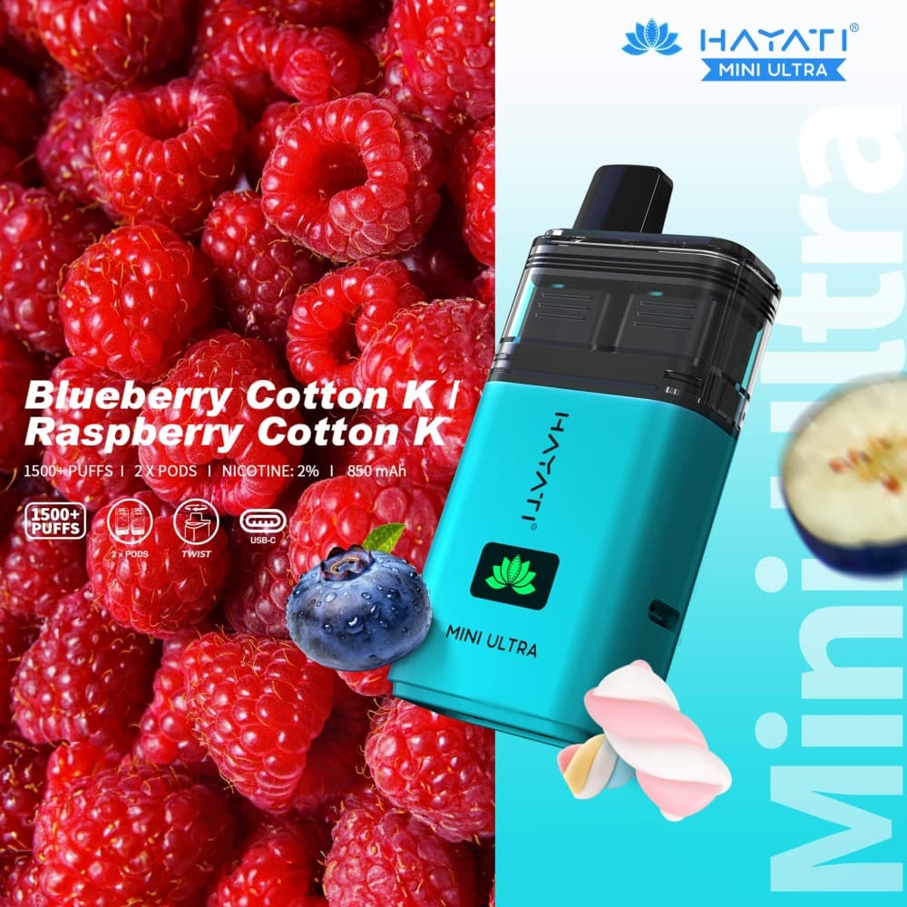 Blueberry Cotton K / Raspberry Cotton K Hayati Mini Ultra 1500 Disposable Vape - Box of 5