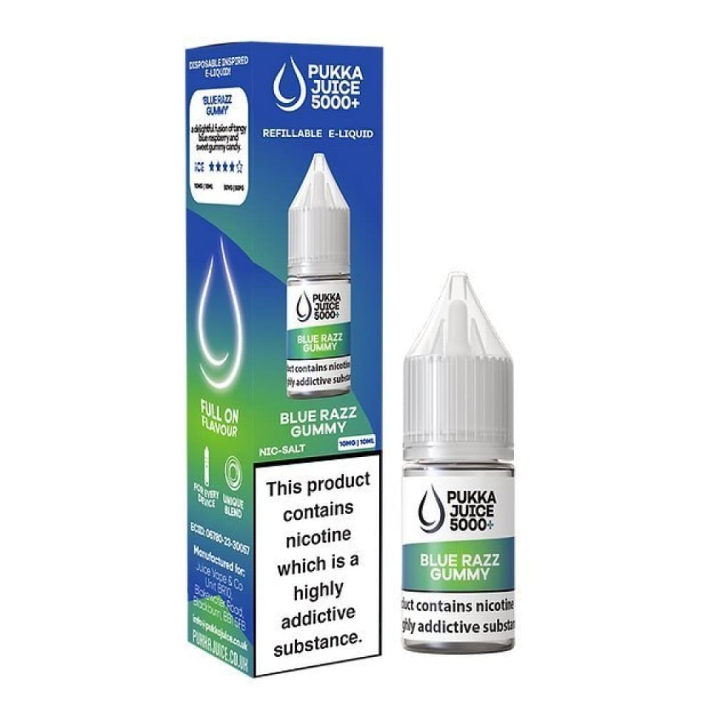 Blue Razz Gummy / 10mg Pukka Juice 5000+ Nic Salts 10ml - Box of 10